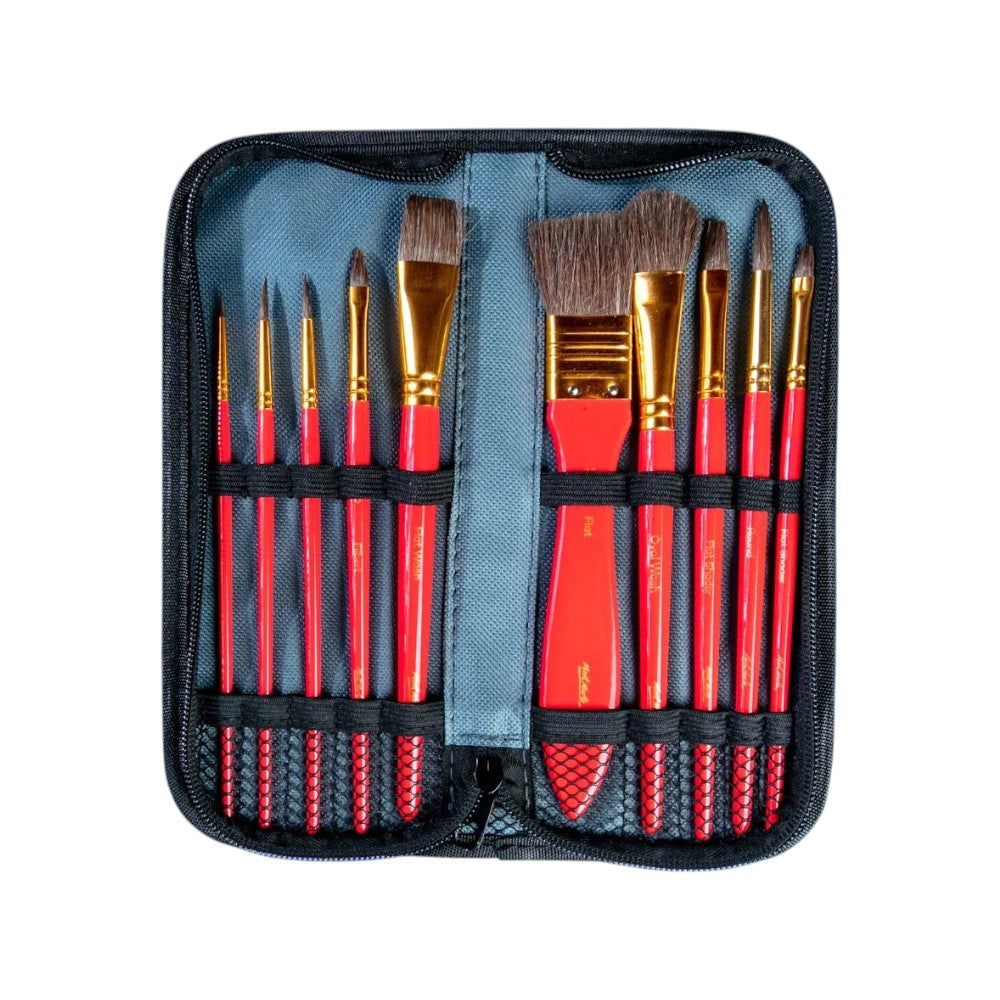 Open view of Mont Marte Watercolor Brush Set in Wallet - Pack of 11, showcasing brush variety.